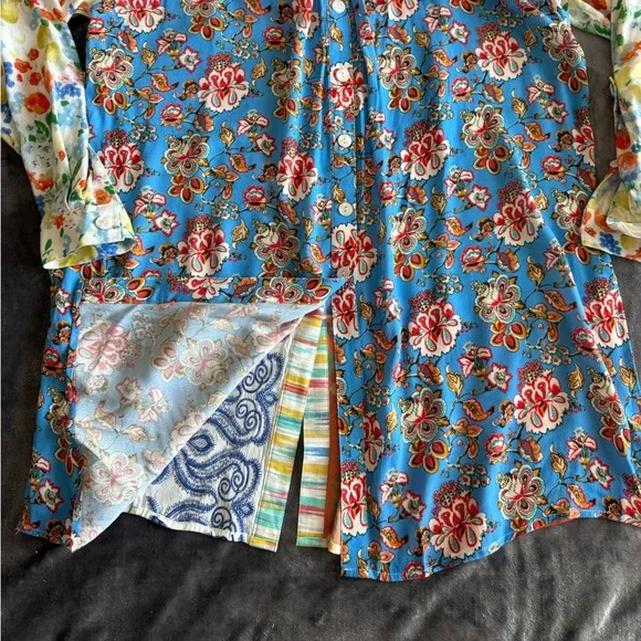 JOHN MARK Patchwork Floral Print Roll Tab Sleeves Tunic Shirt Size M Boho RARE - Picture 16 of 16